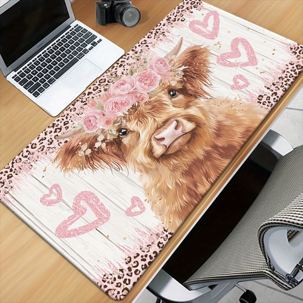 Cow Mat Rubber - Highland Cow Desk Mat Pink Flowers