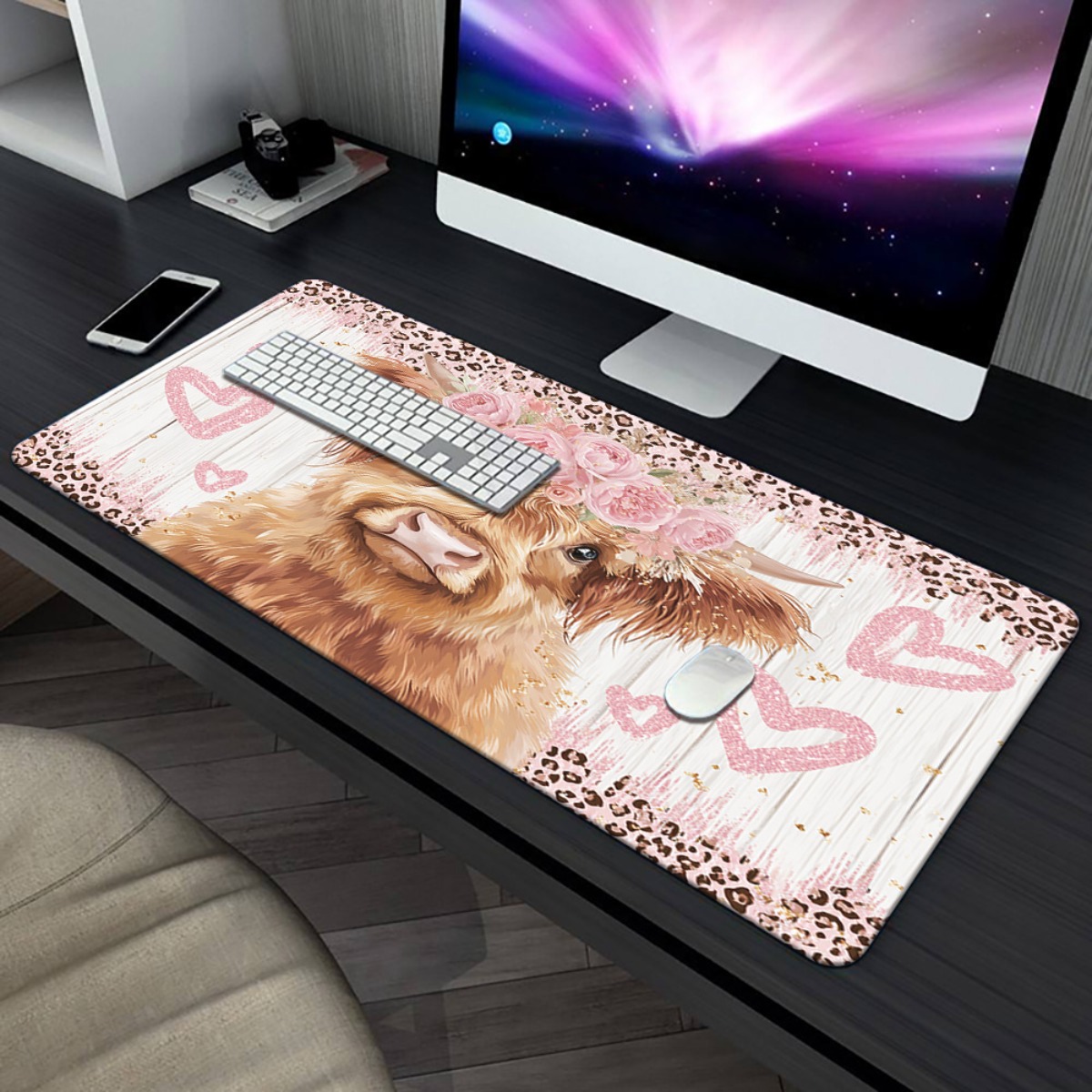 Highland Cow Desk Mat Pink Flo - Cow Mat Rubber บทวิจารณ์และราคา